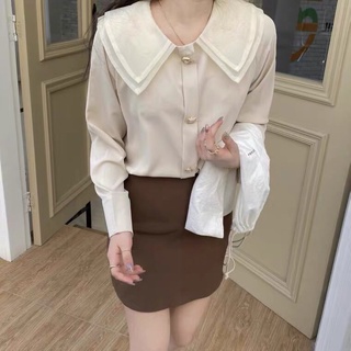 Áo sơ mi màu be cổ lá 2 tầng