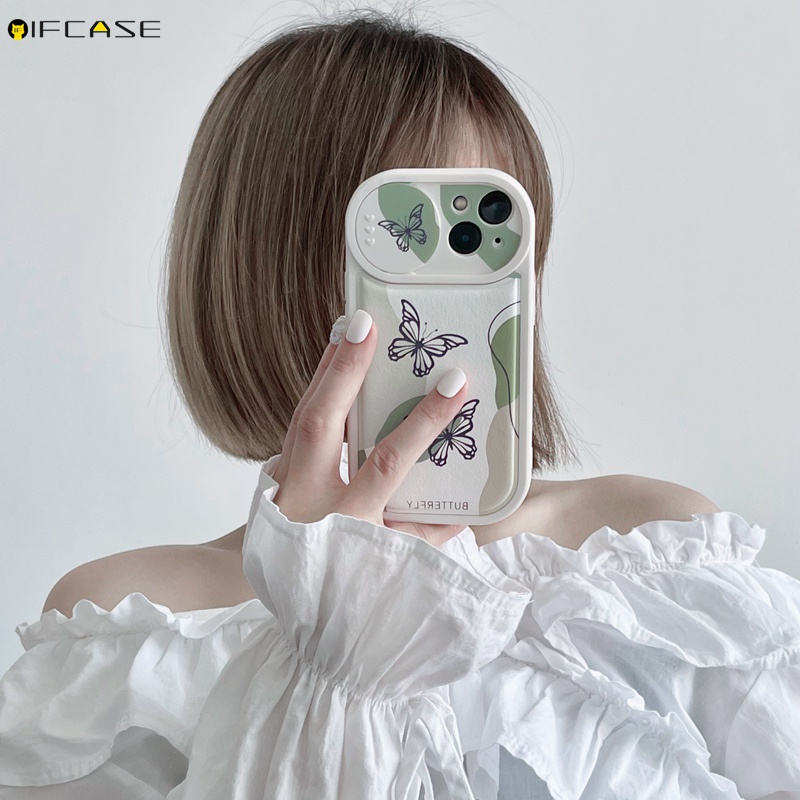 Ốp Điện Thoại Da Mềm Chống Sốc Có Nắp Trượt Bảo Vệ Camera In Hình Bướm Cho iPhone 13 12 11 Pro Max XS Max XR X