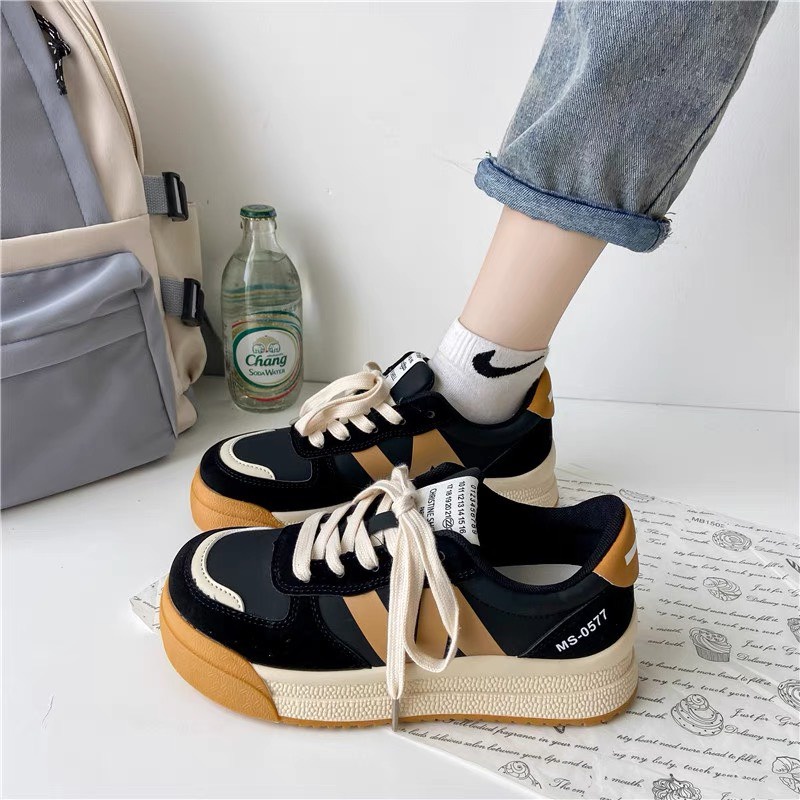 Giày thể thao nữ NN màu đen nâu chất liệu da độn đế cao 5 cm sneaker ulzzang hàn quốc đi học đi chơi đi làm đẹp 2022