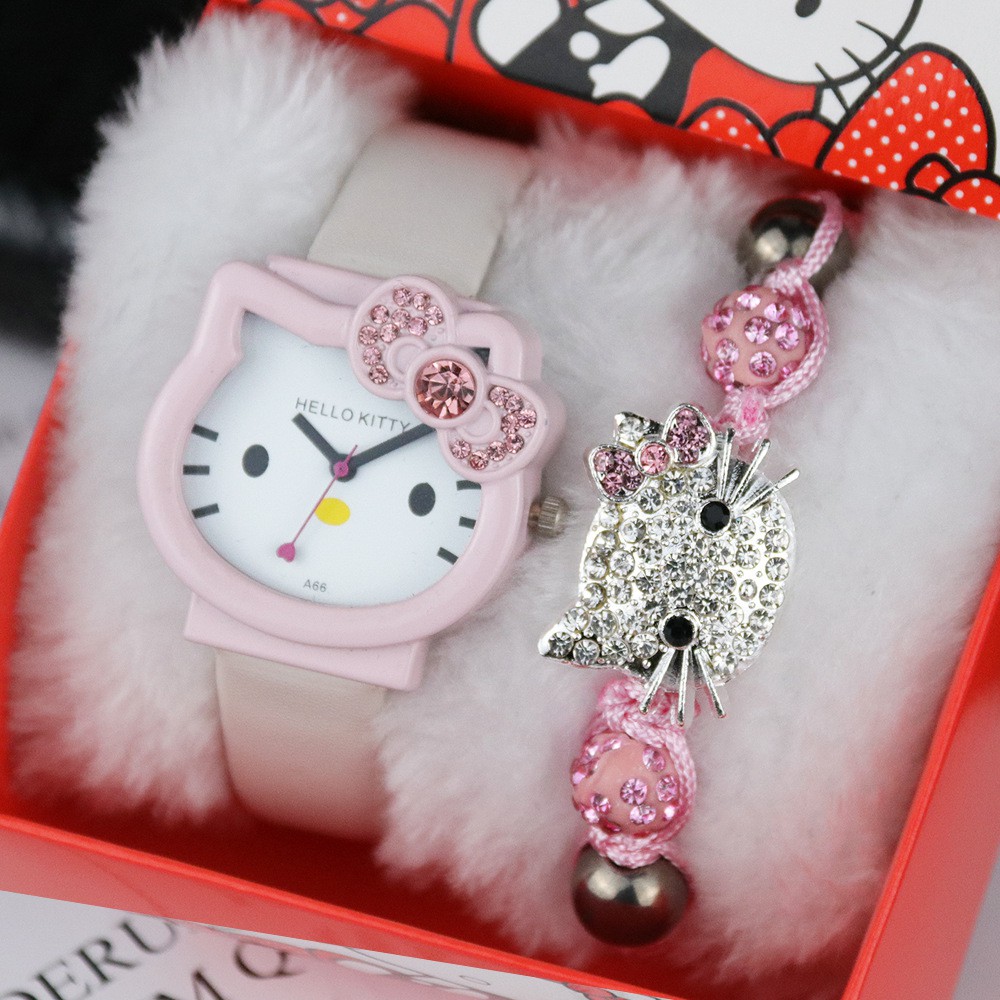 Đồng hồ đeo tay cho bé gái PINK038 [FREESHIP] Pink Xinh Decor Hello Kitty đủ màu trắng xanh hồng đỏ đen