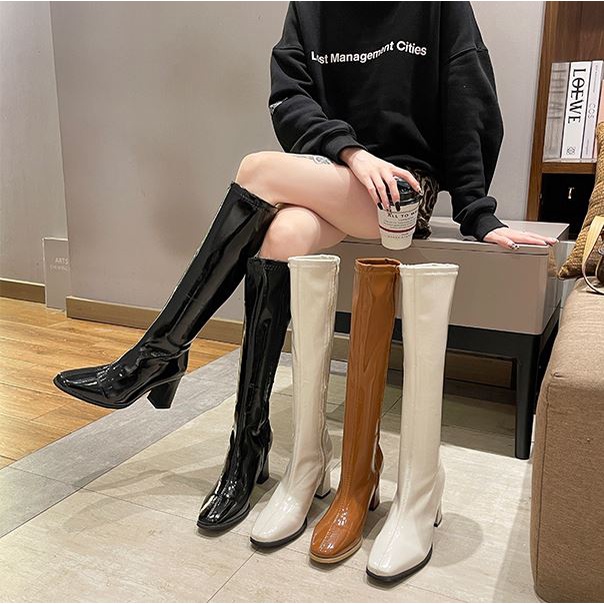 Bốt đùi nữ lót nỉ WOMEN STORY Giày boots cao cổ da PU mềm bong boot khóa sườn đế vuông 6cm boost thời trang mùa đông 988