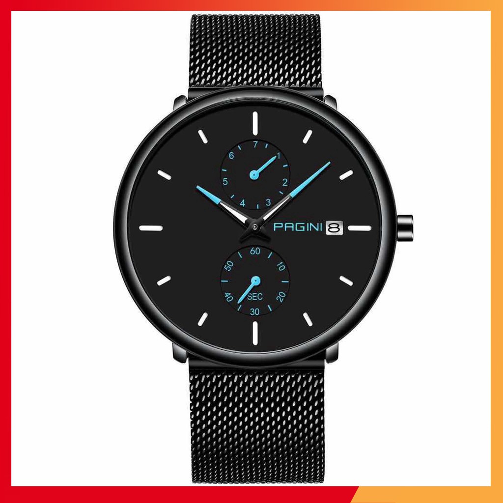 Đồng Hồ Nam PAGINI PA9966 Dây Titanium Cao Cấp - Kim Dạ Quang Có Lịch Ngày- BH Hãng 12 Tháng