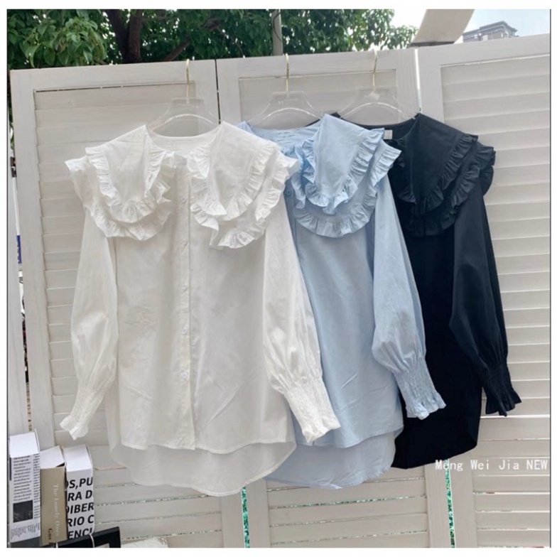 Áo Sơmi Cổ Bèo Tay Phồng Tiểu Thư Tay Bo Chun_A016 mầu trắng, babydoll ulzzang mềm nội y xanh