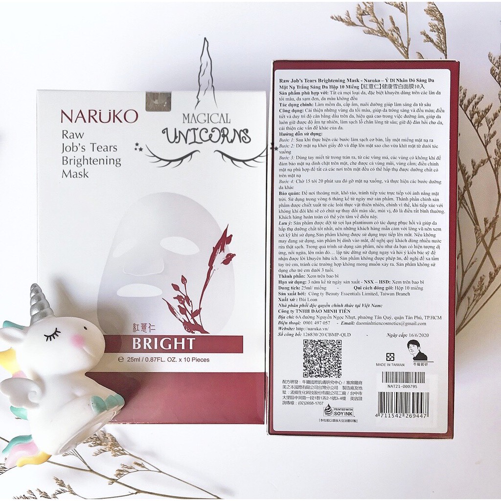 Hộp 10 miếng mặt nạ trắng sáng da NARUKO Ý dĩ nhân đỏ mới Raw Job’s Tears Brightening Mask