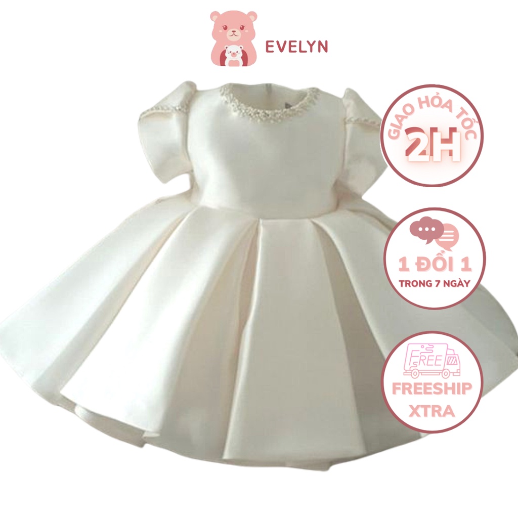 Đầm công chúa bé gái ST1 tay phồng chèo ly hợp tùng xòe cổ viền đá cao cấp EVELYN đủ mọi size đại từ 6-45kg