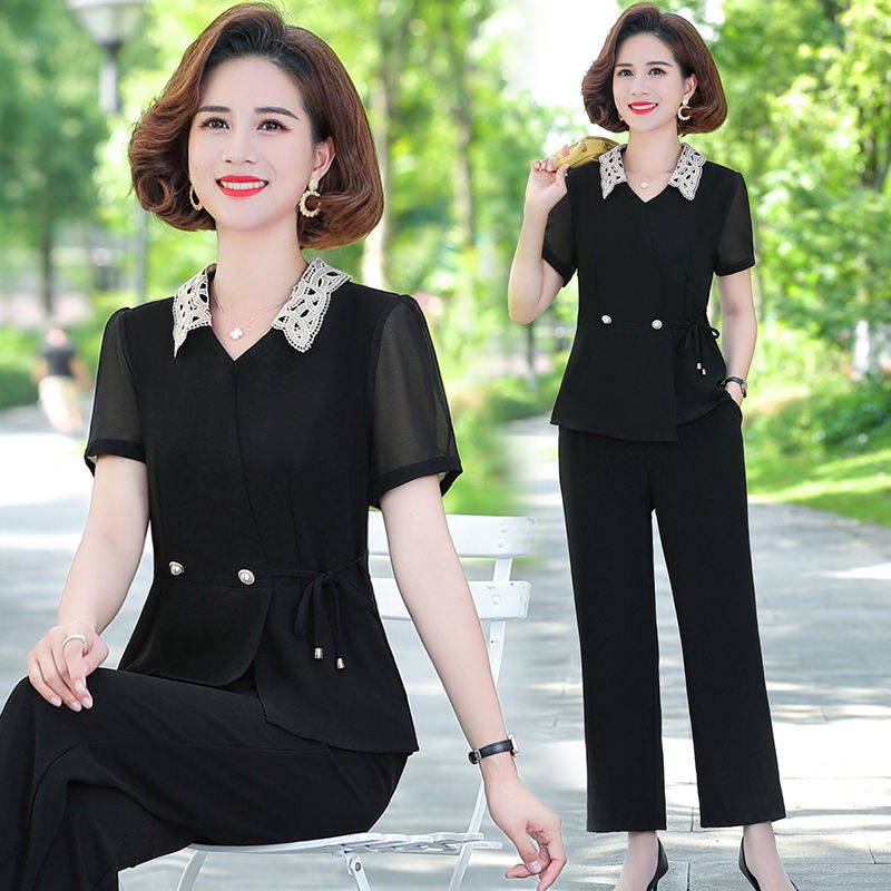 Set Đồ Bộ Hai Mảnh Vải Voan Dáng Rộng Thời Trang Mùa Hè Cho Phụ Nữ Trung Niên 2021