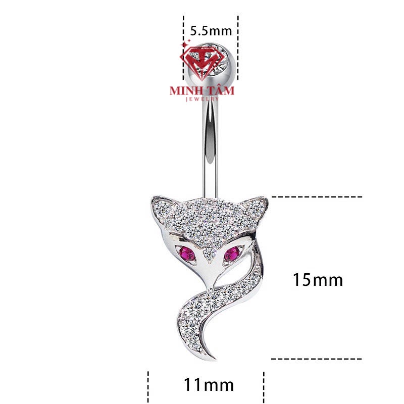 Khuyên rốn bạc hồ ly tình duyên gắn đá bạc 925 cao cấp-Minh Tâm Jewelry