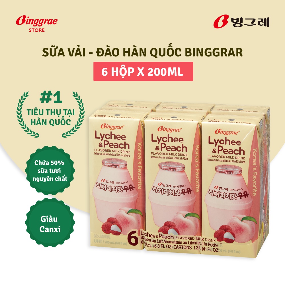 Lốc Sữa Vải- Đào Hàn Quốc Binggrae Lychee&amp;Peach Milk (200ml x 6 hộp)