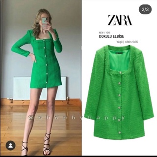 ZARA Đức - Đầm chính hãng auth new tag cao cấp có sẵn sale váy 4661/325 tweed nỉ dạ xanh lá cổ vuông tay dài