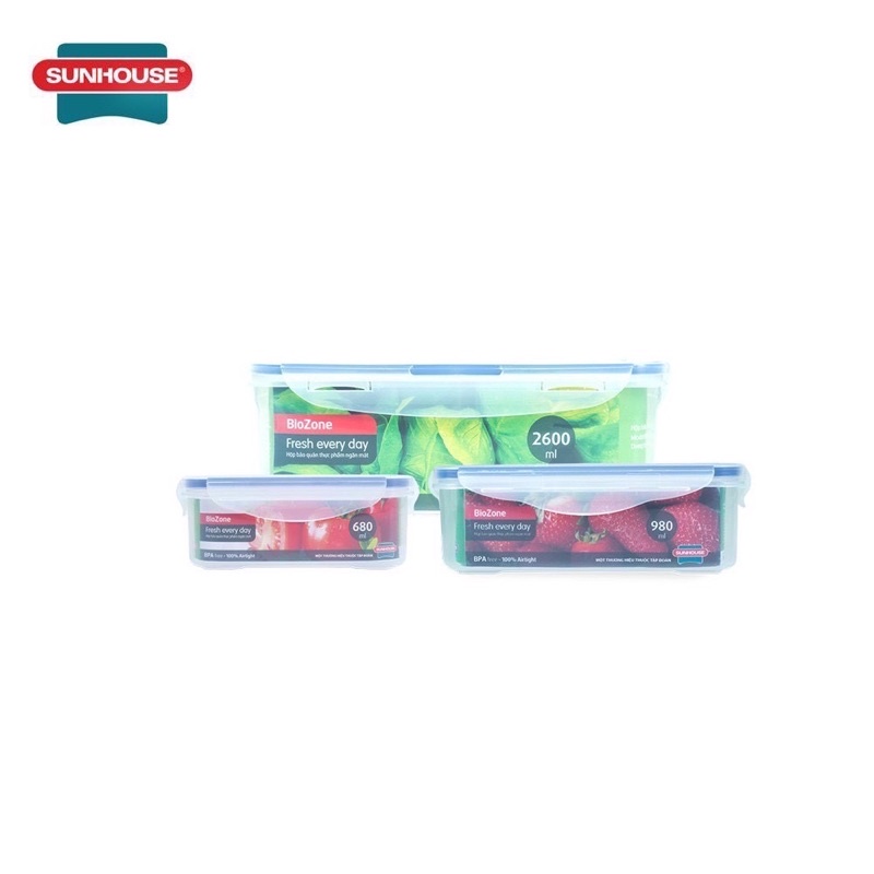 Bộ 3 hộp bảo quản thực phẩm ngăn mát Sunhouse BioZone Space Saving KB-CO3P02 - Hàng chính hãng