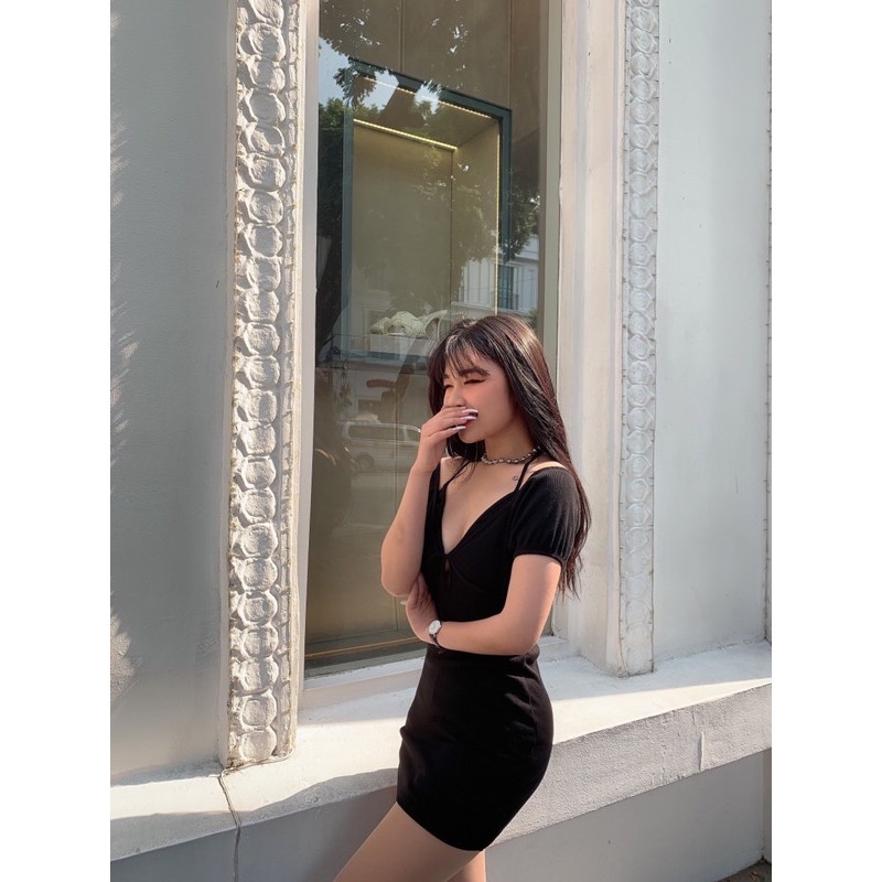 [Mã SKAMA06 giảm 8% tối đa 50K đơn 250K] Đầm Body Thun Gân Cổ Yếm Trễ Vai Kèm Bra Dán- MANDY DRESS | BigBuy360 - bigbuy360.vn