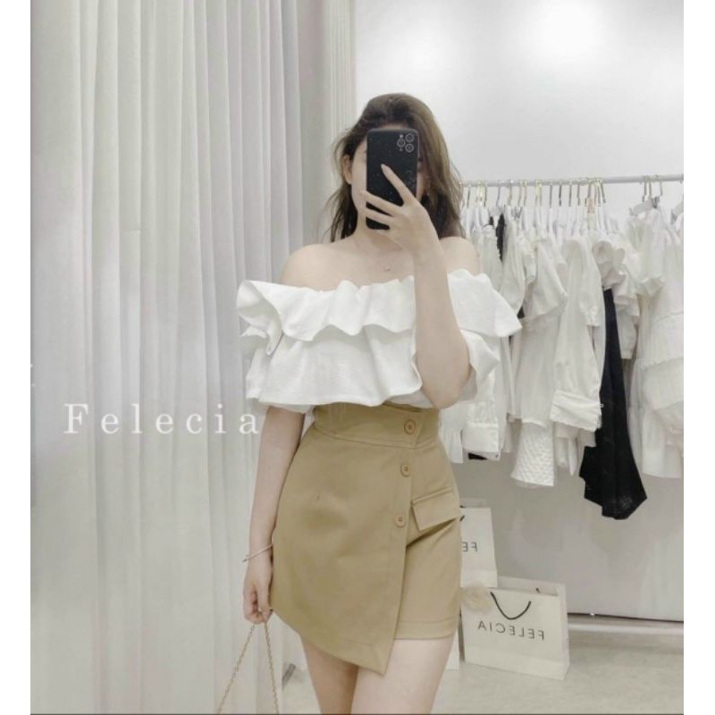 SET ÁO TRỄ VAI PHỒNG CHÂN VÁY NUDE NÚT🌸VIDEO THẬT SHOP QUAY SET8510