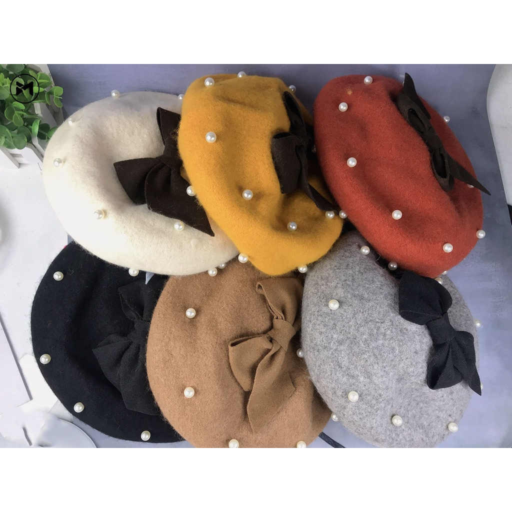 Mũ Beret Len Đính Nơ Ngọc Trai Dễ Thương Phong Cách Lolita Nhật Bản