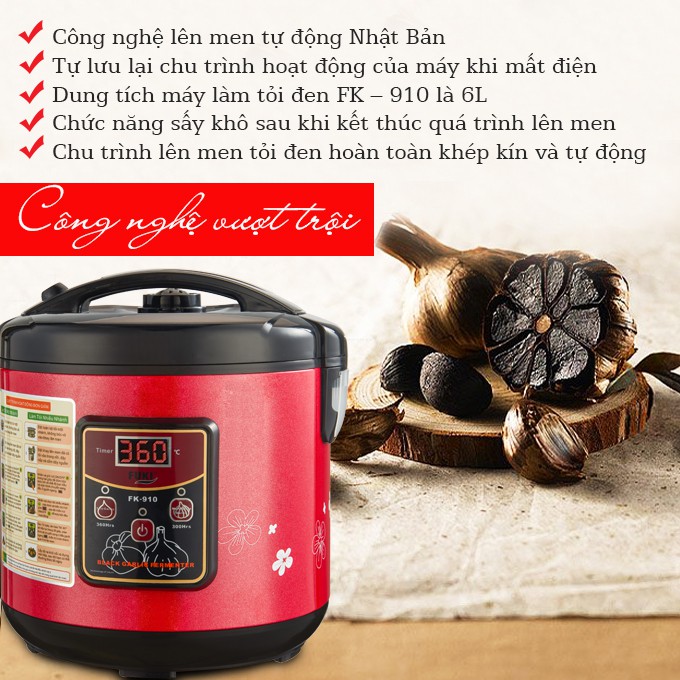 Máy làm tỏi đen Nhật Bản Fuki FK-910 hoa văn - 6L (Đỏ mận) - New 2019