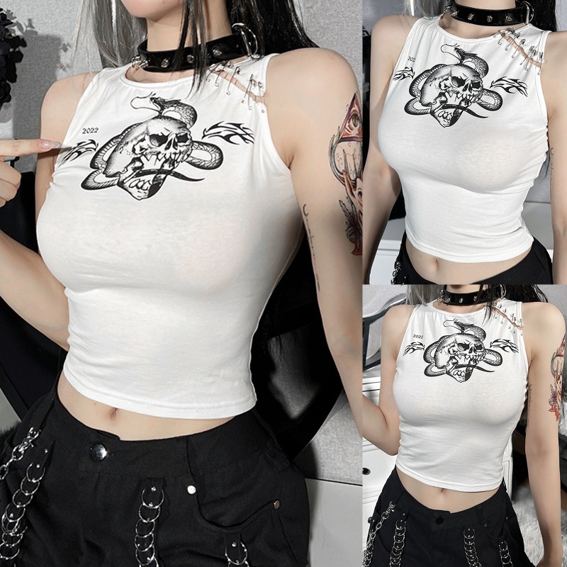Áo Croptop Ôm Dáng In Họa Tiết Phong Cách Punk Dễ Phối Đồ Cho Nữ