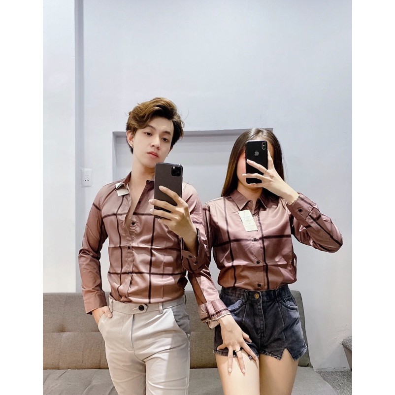 Áo sơ mi nam nữ tay dài Hàn Quốc form Body, họa tiết caro, chất lụa không nhăn - D41 Luxury 2021