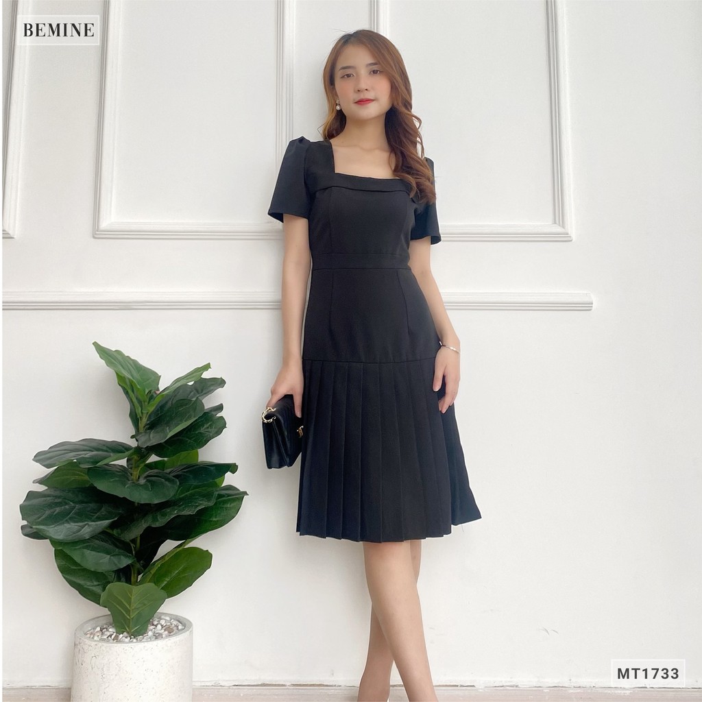 Đầm dáng xòe nữ thiết kế cổ vuông tà xếp ly BEMINE MT1733DEN | BigBuy360 - bigbuy360.vn