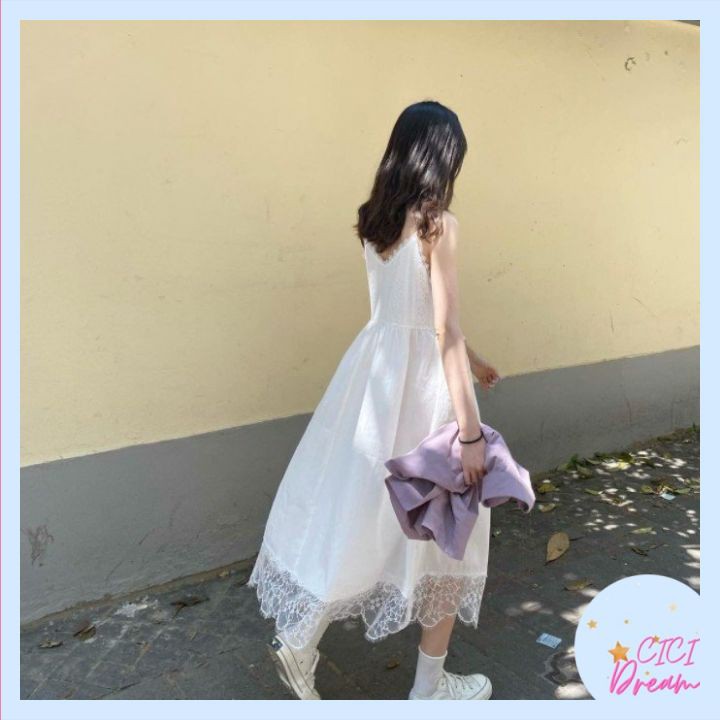 Đầm - váy hai dây trắng dài xòe phối ren tiểu thư babydoll , Đầm - váy 2 dây trắng phối ren hoa dài dáng xòe babydoll