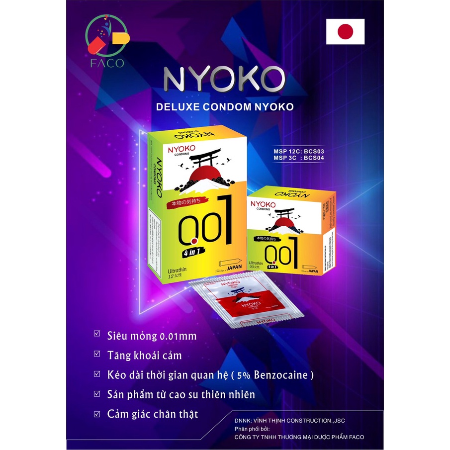 Bao cao su trơn siêu mỏng NYOKO 0.01mm nhật bản nhiều Gel,Mùi thơm tăng kích thích 1 Hộp 12 bao