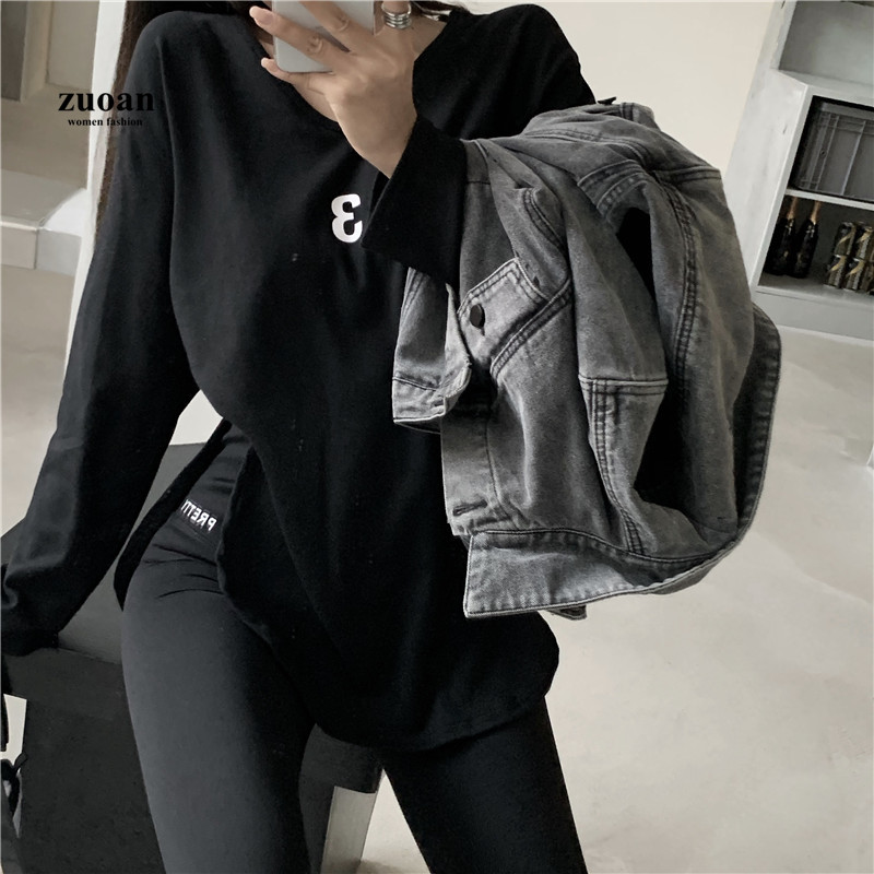 SUXI Áo Thun Cotton Màu Trắng Tay Dài In Họa Tiết Số Thời Trang Cho Nữ