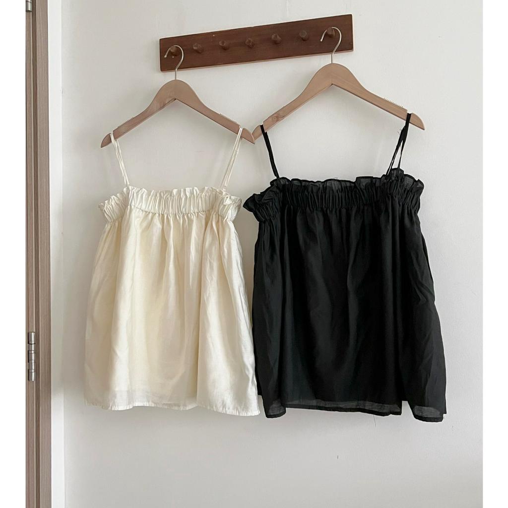 Áo kiểu nữ, Áo babydoll chất thô 2 lớp vintage có dây điều chỉnh màu kem đen Hàn Quốc SM171