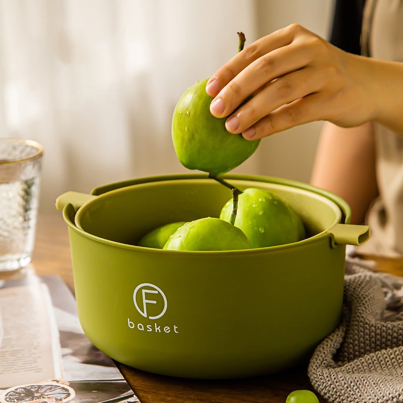 Rổ Rửa Rau Củ Quả Hai Lớp Màu Xanh Lá Cây Giúp Khô Ráo