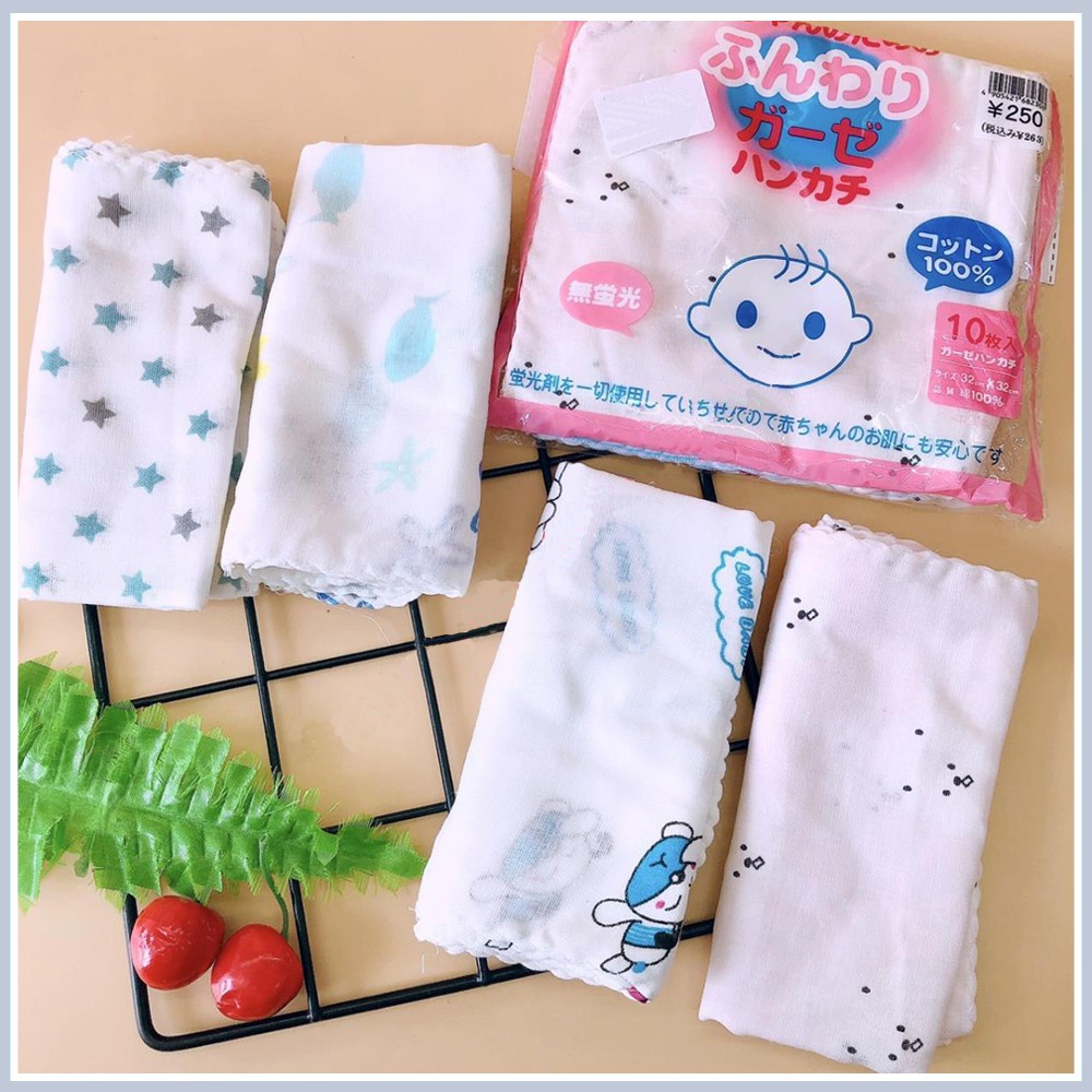 Gói 10 Khăn xô - khăn sữa xuất Nhật in hình 2 lớp, chất liệu 100% cotton mềm mịn, an toàn cho làn da bé (31cm x 31cm)