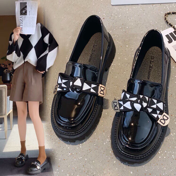 Giày lolita, giày nữ ulzzang, GIÀY ĐỐC NƠ KẺ Ô siu hot- da bóng và da mờ