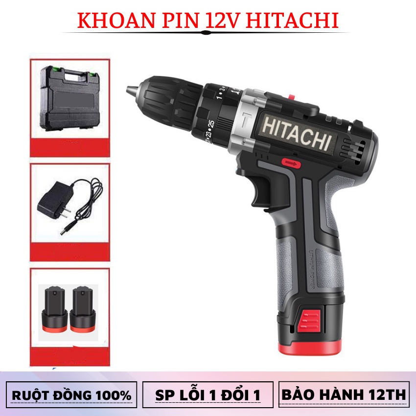 Máy khoan pin Hitachi 12V- Khoan 2 cấp tốc độ, kèm pin sạc đầy đủ-Máy khoan bắt vít Bắn tôn Khoan sắt,...