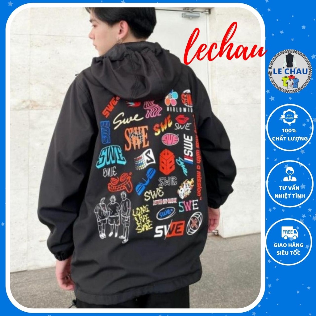 Áo khoác dù ulzzang form rộng unisex SWE Lechau AKD25 phong cách bomber bóng chày street style phối hình in cực chất