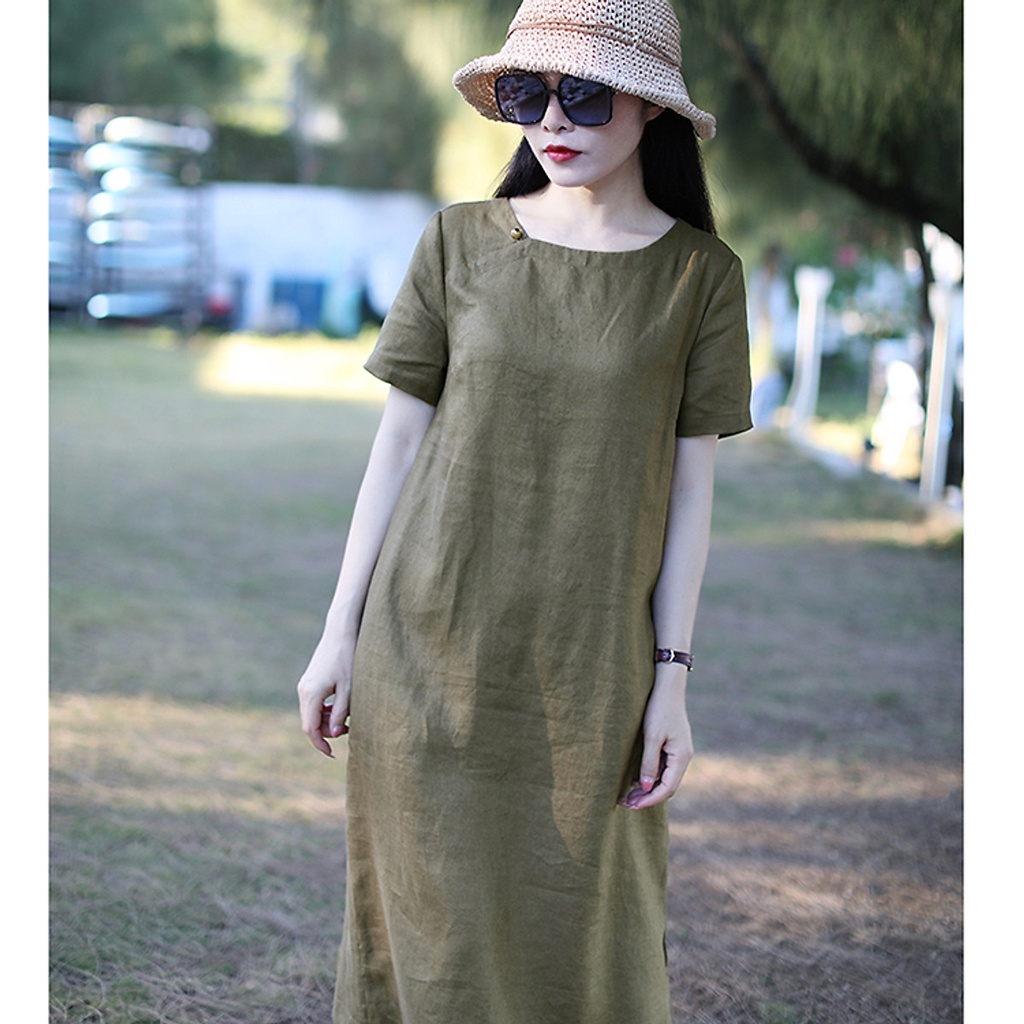 Đầm suông linen xanh rêu cổ vuông, thời trang xuân hè