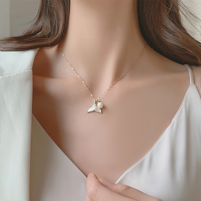 Dây chuyền titan đuôi cá phối ngọc trai nhân tạo  [  KHÔNG ĐEN GỈ ]   Her Accessories CT14