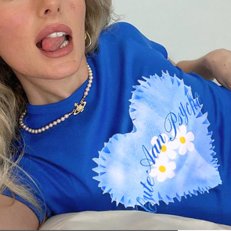 Áo Thun Croptop Tay Ngắn Cổ Tròn In Họa Tiết Trái Tim Phối Màu Tương Phản Phong Cách Harajuku Thời Trang Mùa Hè Cho Nữ