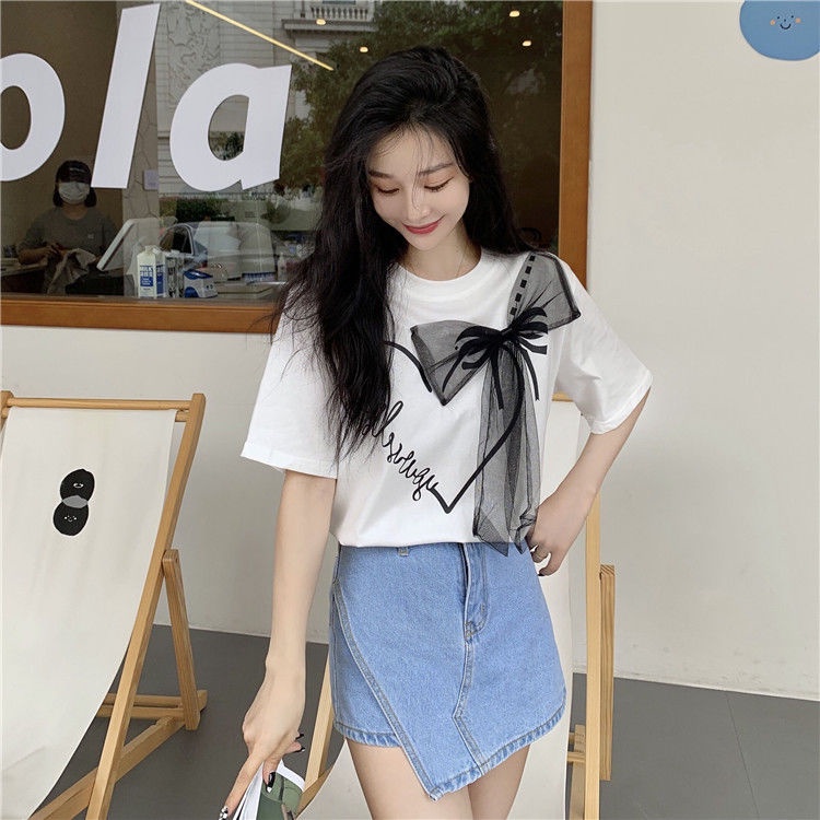 Students feel foreign style bow tie short-sleeved t-shirt girls summer wear personality care machine age-reducing half-sleeved shirt ins trend