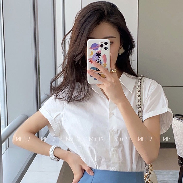 Áo Sơ Mi Nữ Tay Ngắn Công Sở Hàn Quốc Form Rộng Oversize Họa Tiết Trơn Công Sở Đi Học Đi Chơi Màu Trắng Thời Trang