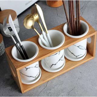 BỘ 3 ỐNG ĐỰNG ĐŨA VÀ KHAY GỖ PHONG CÁCH TÂY ÂU WHITE MARBLE
