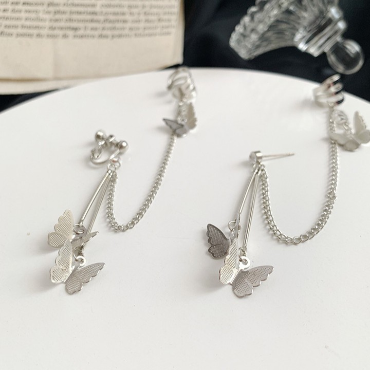 Khuyên tai kẹp vành một bên không bấm lỗ K014 bằng hợp kim mạ bạc hình cánh bướm dáng dài Leous Accessories