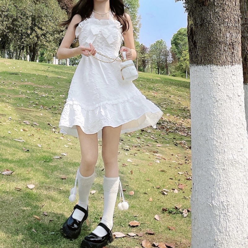 Đầm Công Chúa Hai Dây Dáng Rộng Thắt Nơ Phong Cách Hàn Quốc Mới Dành Cho Nữ Sinh