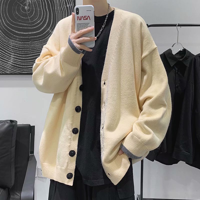 Áo khoác Cardigan dệt kim tay dài cổ chữ V form rộng phong cách Hong Kong