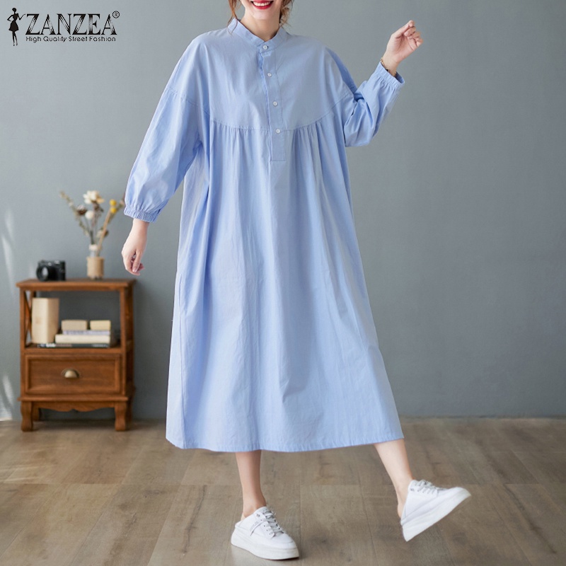 Đầm ZANZEA dài tay dài cổ đứng màu trơn phong cách Hàn Quốc thời trang cho nữ