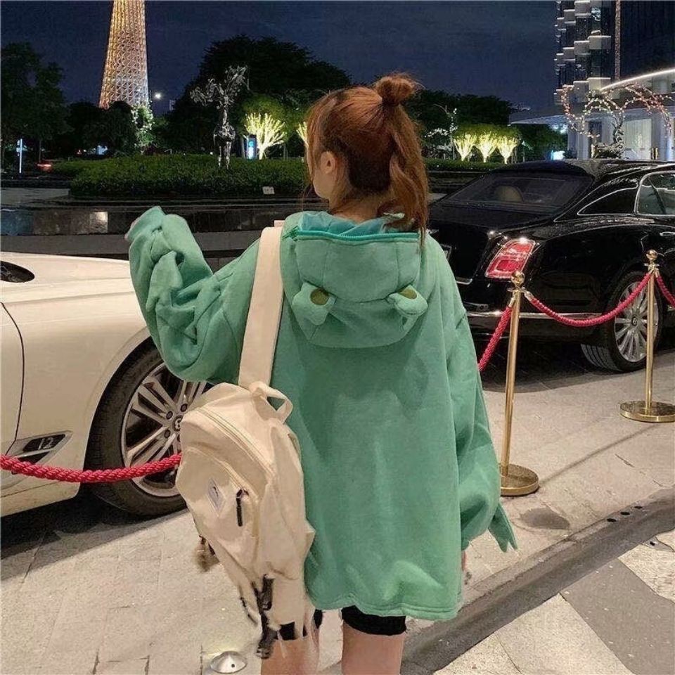 Áo hoodie hình gấu dễ thương-New trendy fashion bear and frog sweater loose autumn and winter couple clothes funny plus