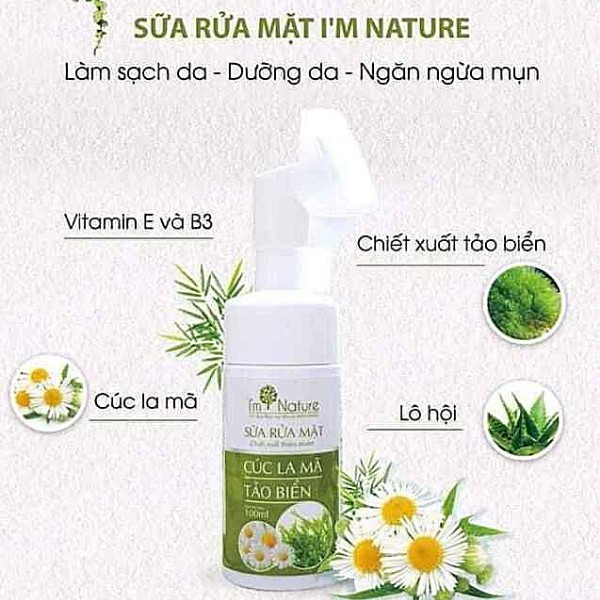 (TẶNG QUÀ 150K) Sữa Rửa Mặt Đầu Cọ Silicol Cúc La Mã Tảo Biển I'm Nature - Hỗ Trợ Giảm Mụn, Sáng Da, Kiềm Dầu 100ml