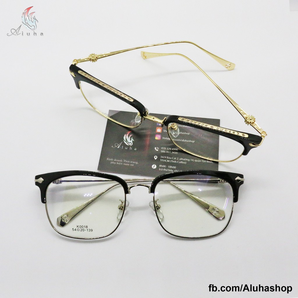 Gọng kính Chrome Hearts chống ánh sáng xanh dáng Clubmaster Hàn Quốc khắc chữ tinh tế - K0018 - Aluha