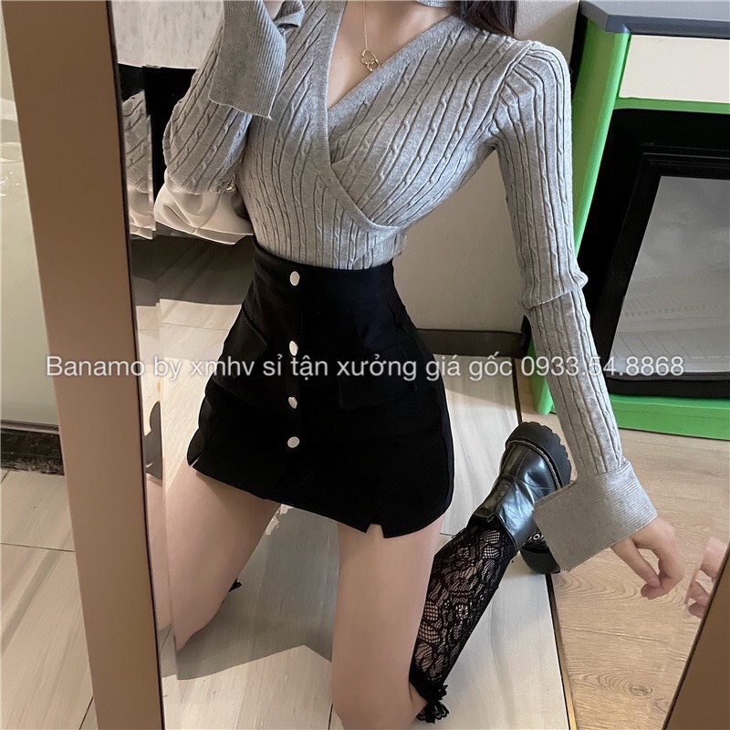 Quần váy cạp cao khuy dọc cá tính phong cách hàn quốc thời trang Banamo Fashion 6319