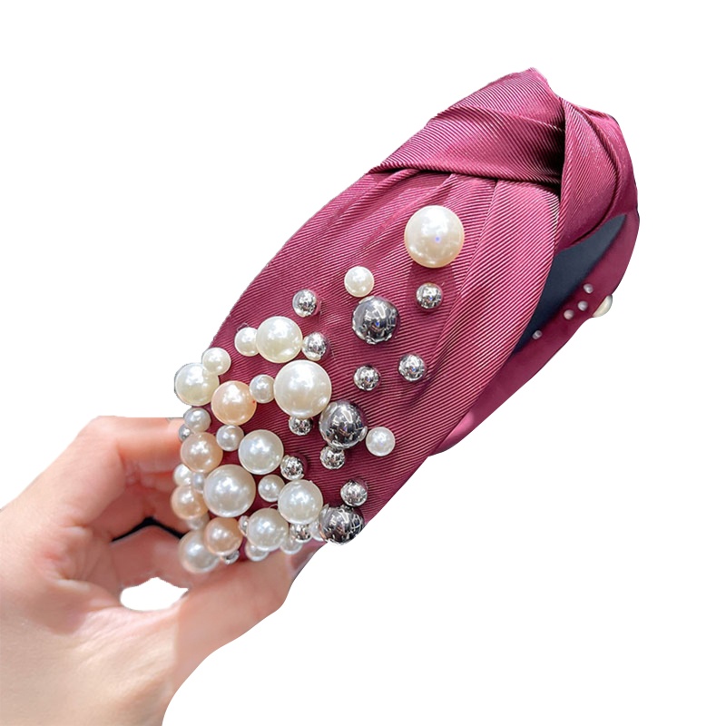 Flgo Băng Đô Cài Tóc Thắt Nút Chéo Bản Rộng Màu Trơn Đính Ngọc Trai Thanh Lịch