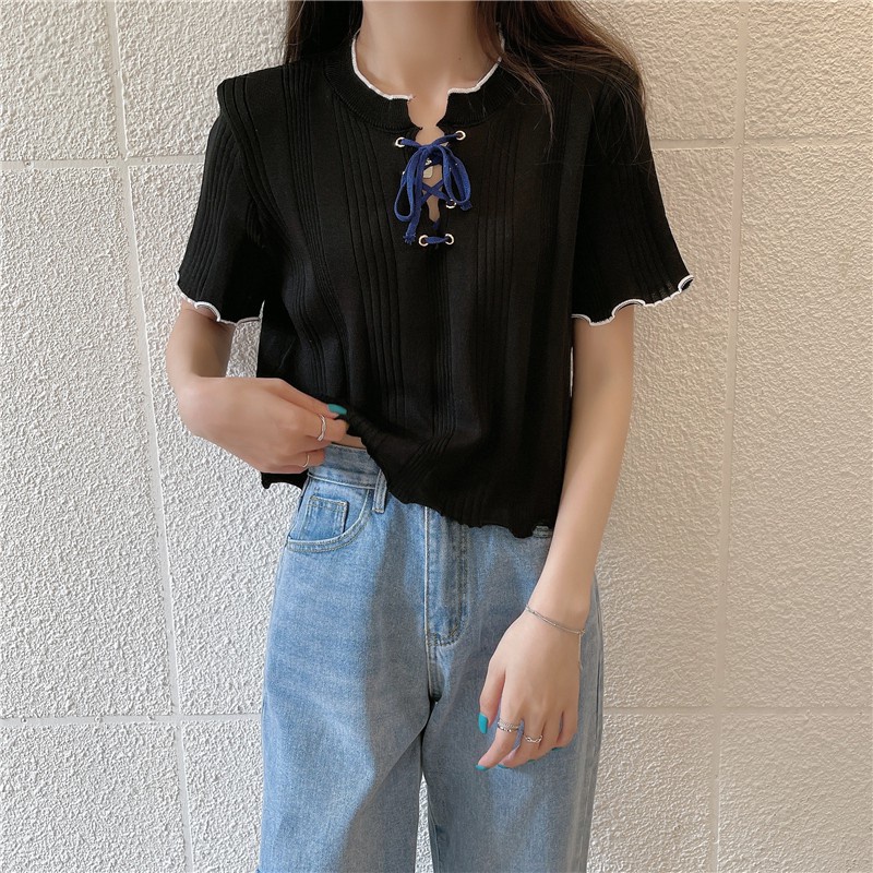 Áo dệt kim NZN tay ngắn dáng ôm cột dây đơn giản phong cách Hàn Quốc dành cho nữ