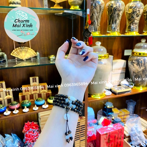 Chuỗi Trầm Hương Sánh chìm 108 phối Lu Đá và Cát Tường Ngoc Bích, Đồng Điếu, Hoa - Vòng Tay Gỗ tự nhiên Nữ phong thuỷ