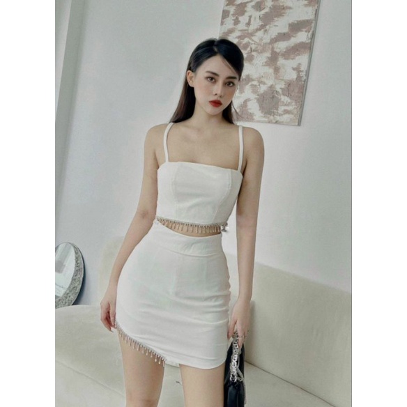 Sét áo croptop 2 dây kết đá chân váy body