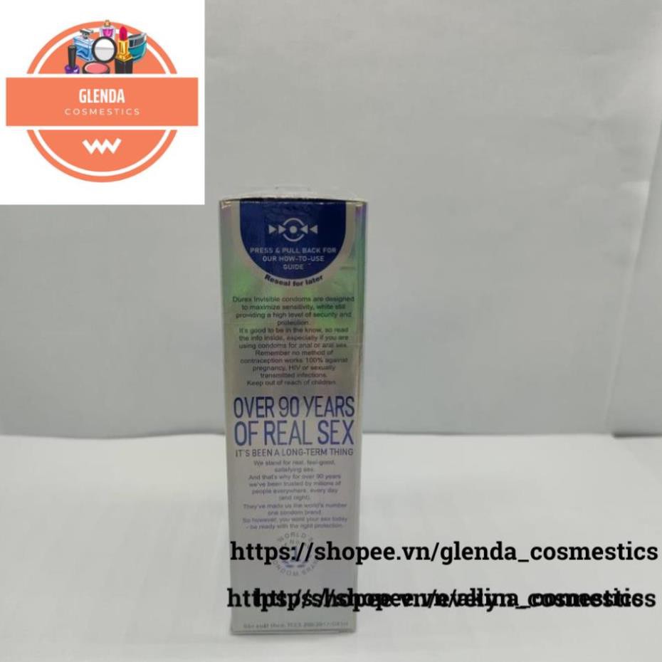 Bao cao su Durex Invisible Extra Thin extra sensitive siêu mỏng siêu mạnh chân thật hương yêu hộp 10c