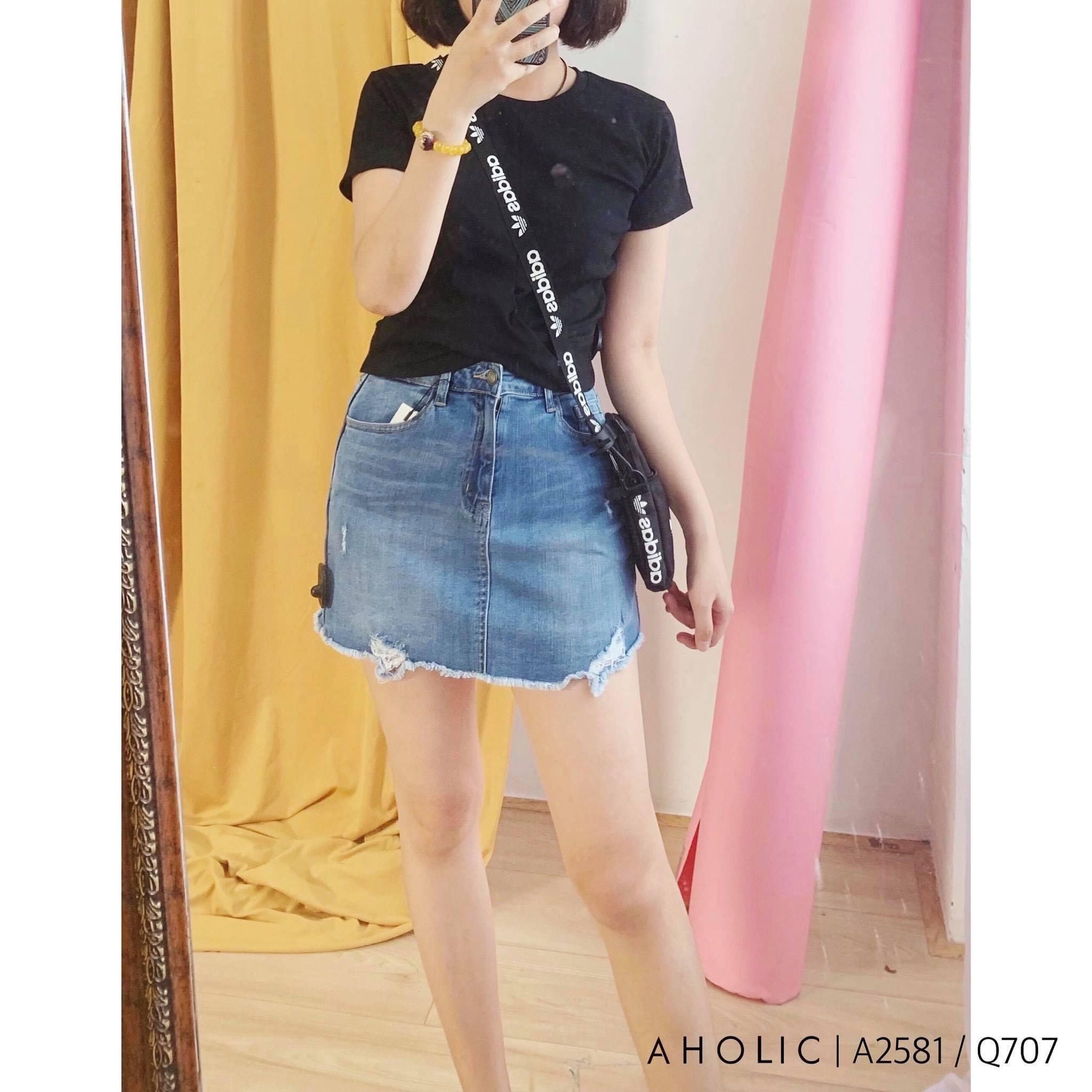 Short váy jeans rách nhiều 2 màu AHOLIC Q707